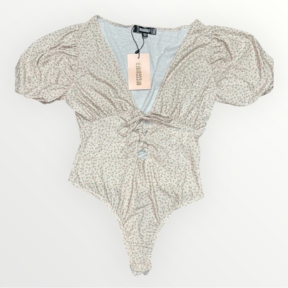 Missguided lace up front puff sleeve cream pink purple floral bodysuit US 6 - Picture 2 of 8